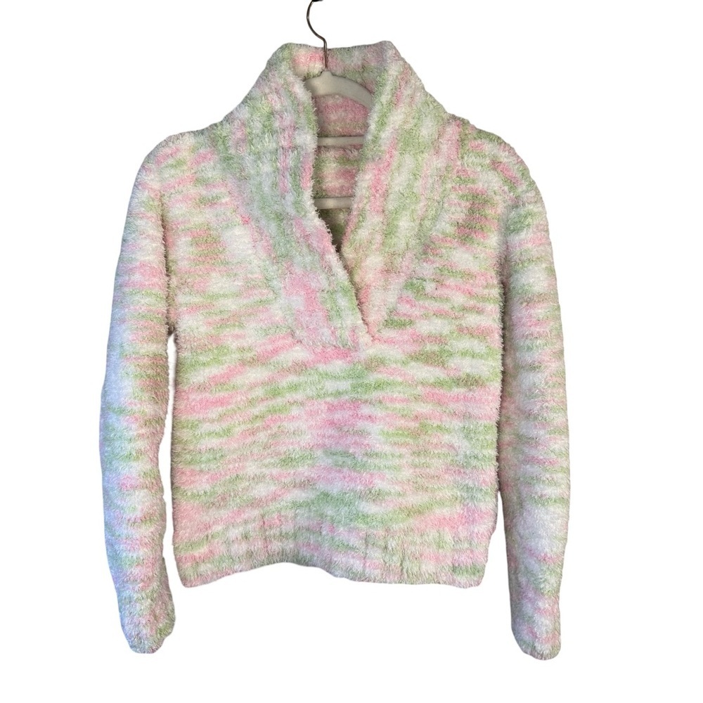Cozy Pastel V-Neck Fuzzy Fleece Sweater Size S Cottagecore Cozy Lounge Winter